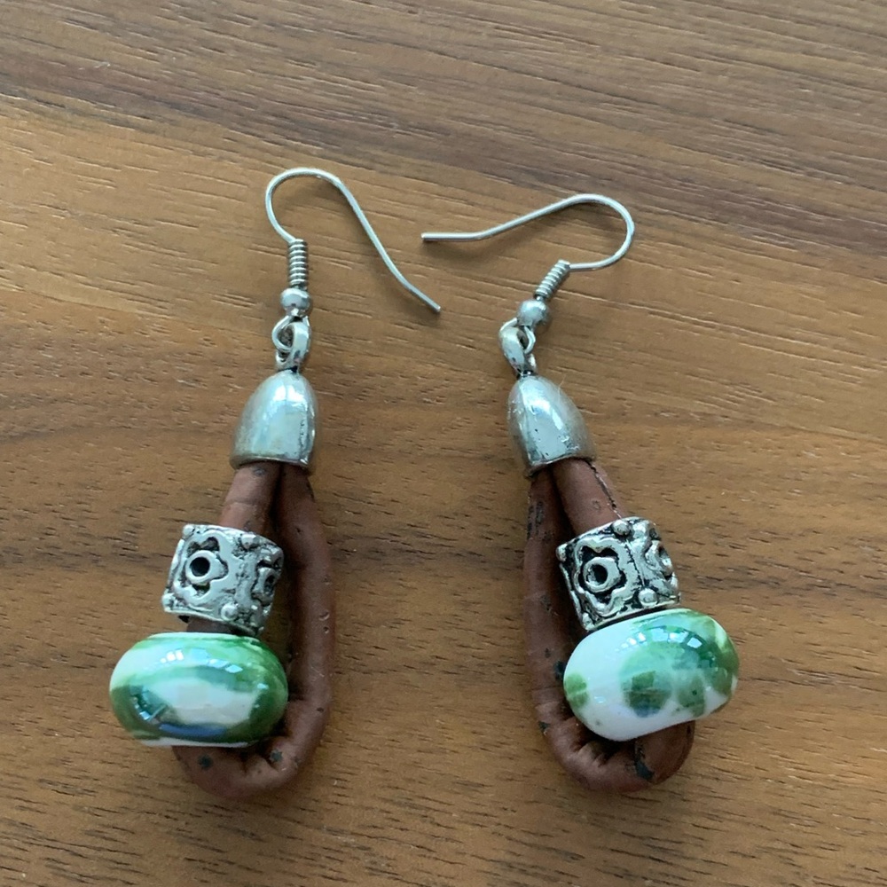 EUC Portuguese cork, silver and ceramic bead earrings.